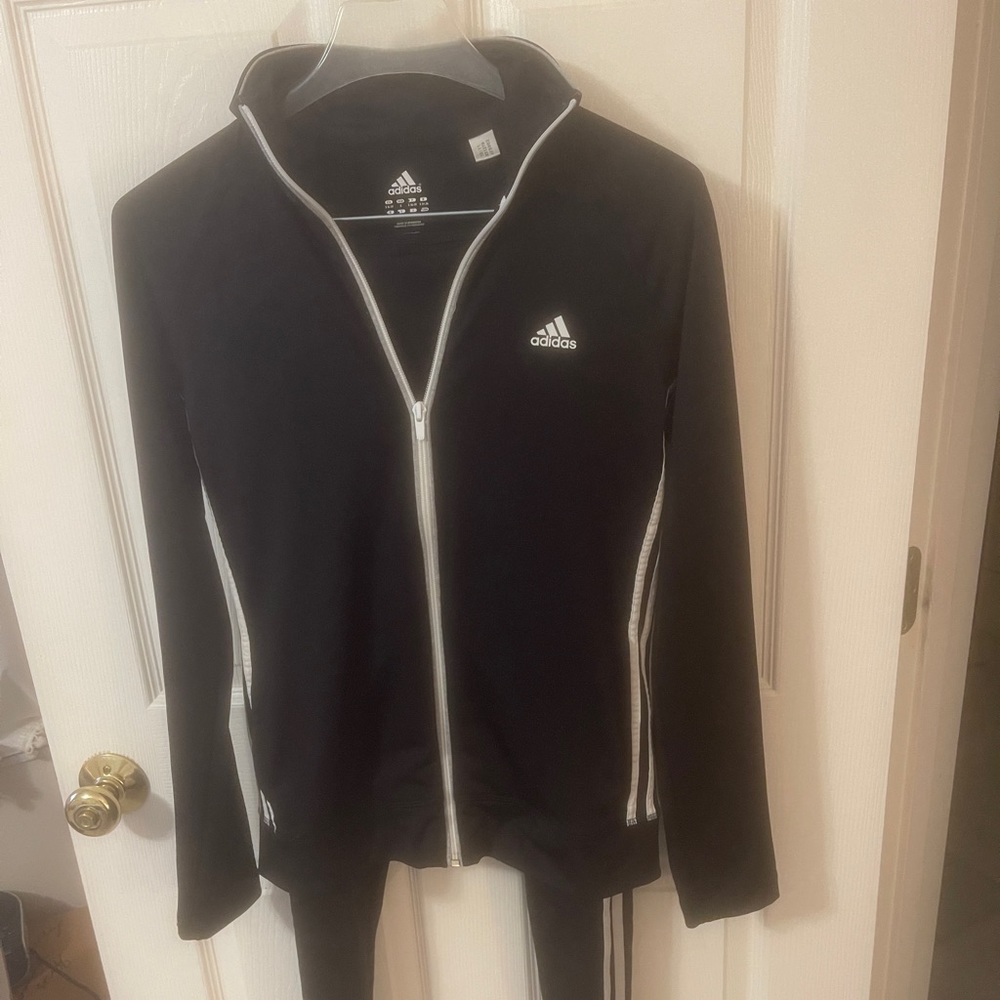 Adidas jacket and leggings. Black with 3 white stripes. Like new size small